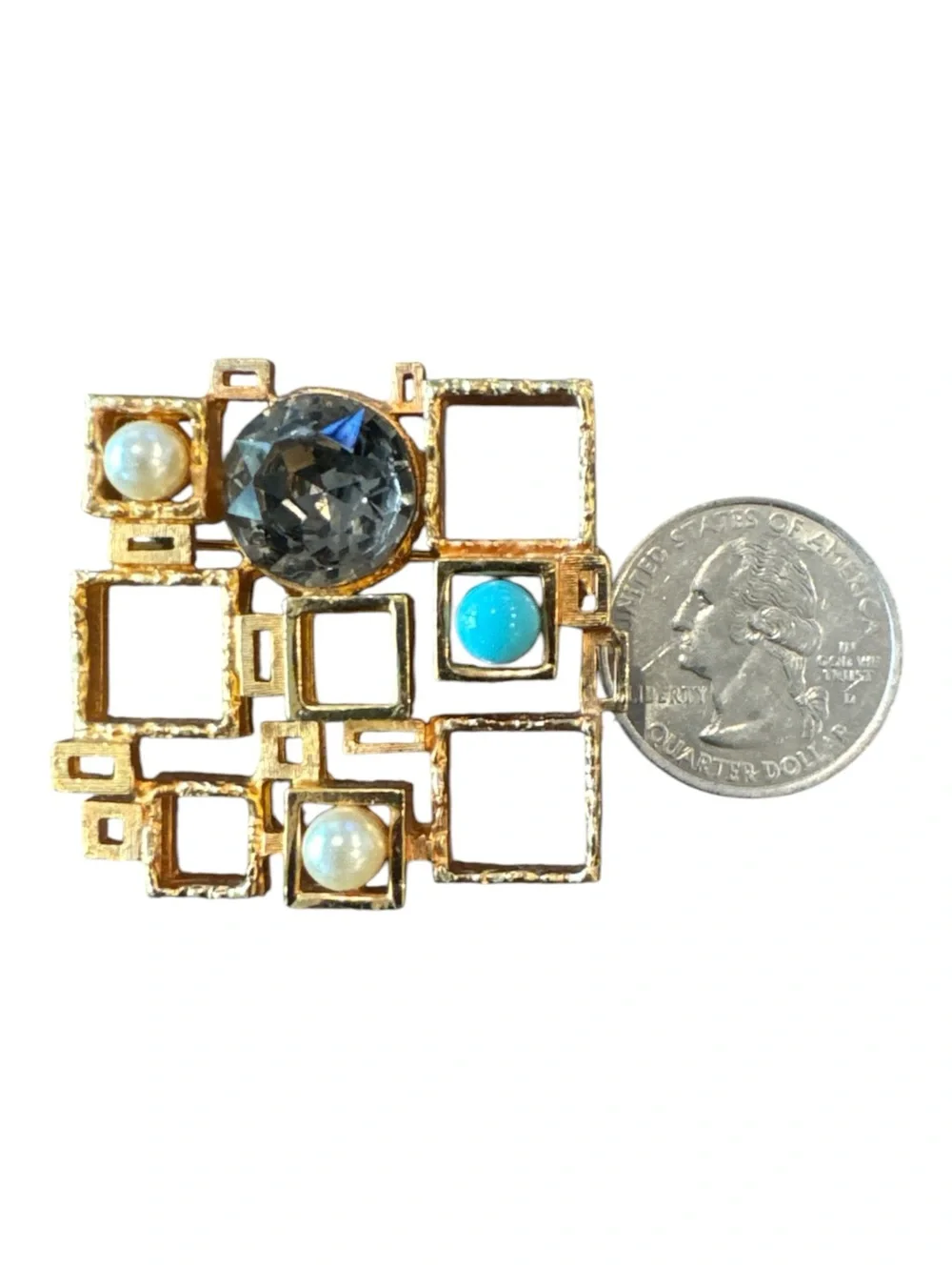 Vintage Mid Century Modern Geometric Gold Tone Blue Crystal Brooch Pin